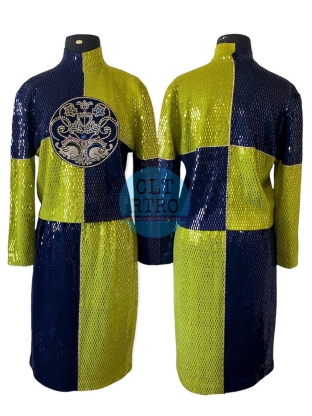 vtg St John • Santana Knit Colorblock 2 pc Skirt Set • Sequins • USA